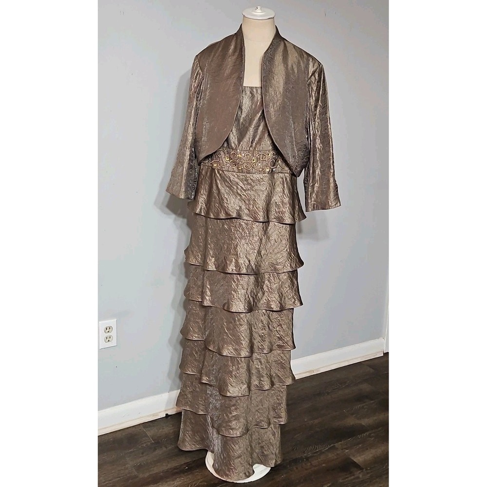 R&M Richards Metallic Taupe Tiered Evening Gown with Jacket